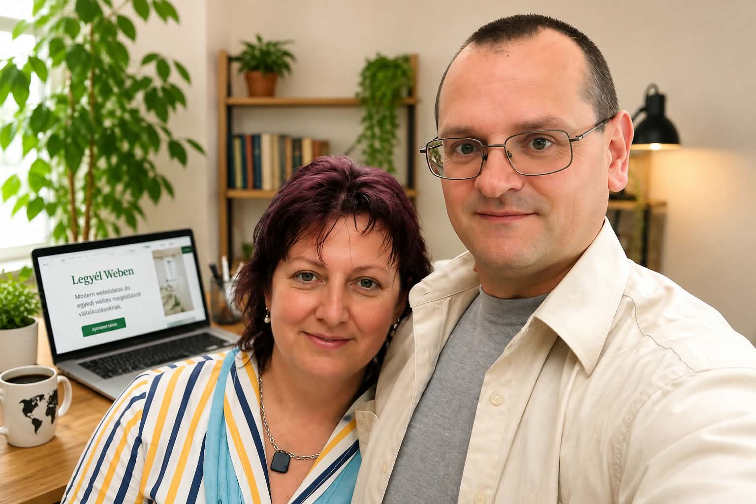 A Legyél Weben csapata az irodában, laptoppal a háttérben