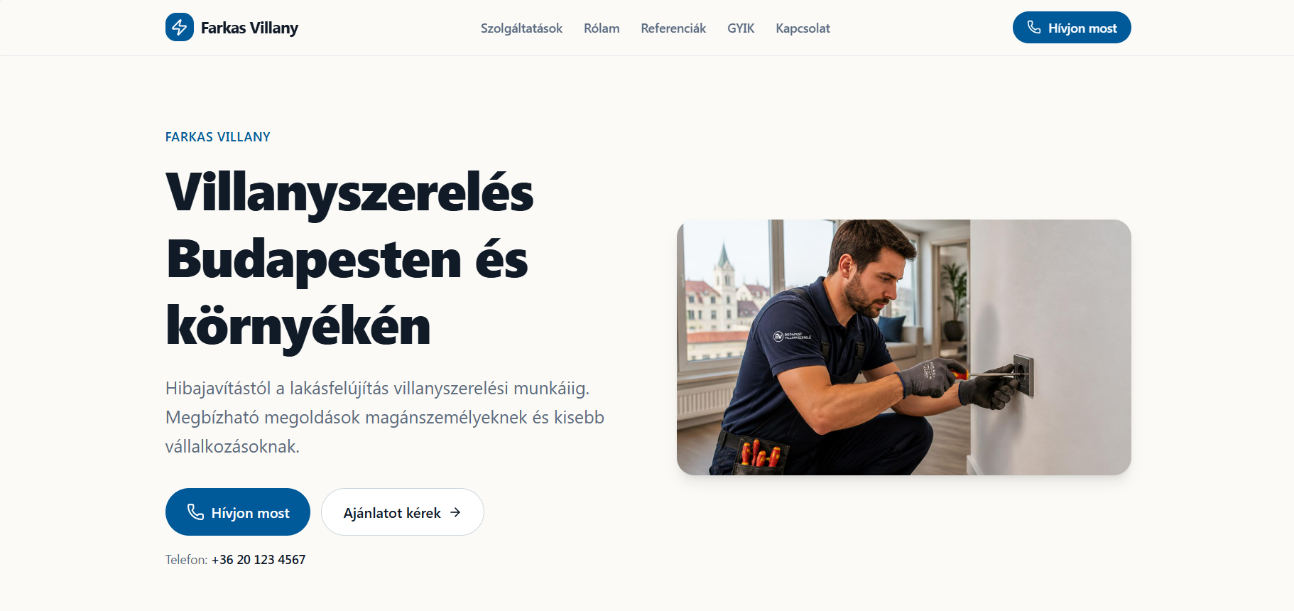 Helyi villanyszerelő bemutatkozó weboldala laptopon